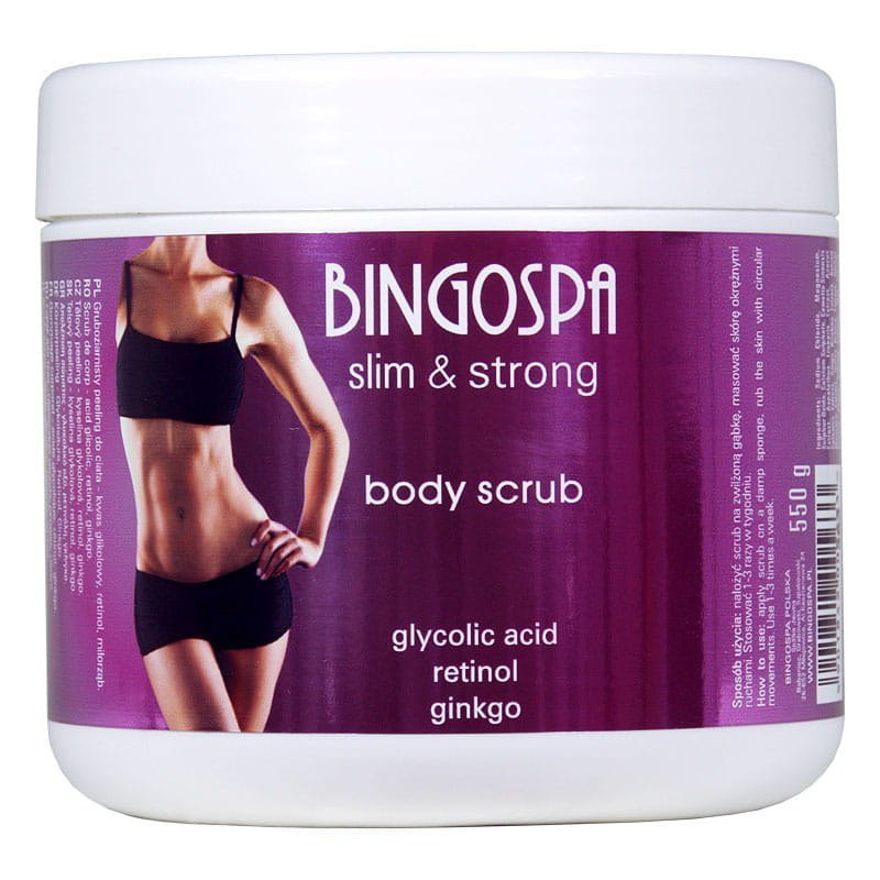 BINGOSPA SLIM&STRONG Gruboziarnisty peeling do ciała - kwas glikolowy, retinol, miłorząb 550g  